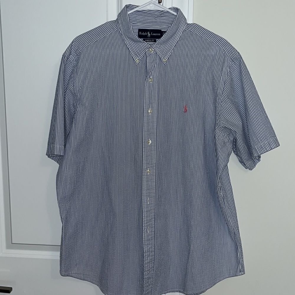 Blue Stripe Polo by Ralph Lauren Seersucker w/Pink pony SS casual mens shirt L